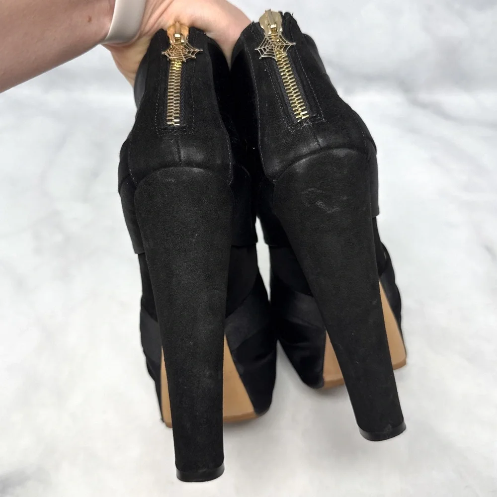 Charlotte Olympia Satin Wrap Turban Knot Suede Platform Block Heel Ankle Boot 37